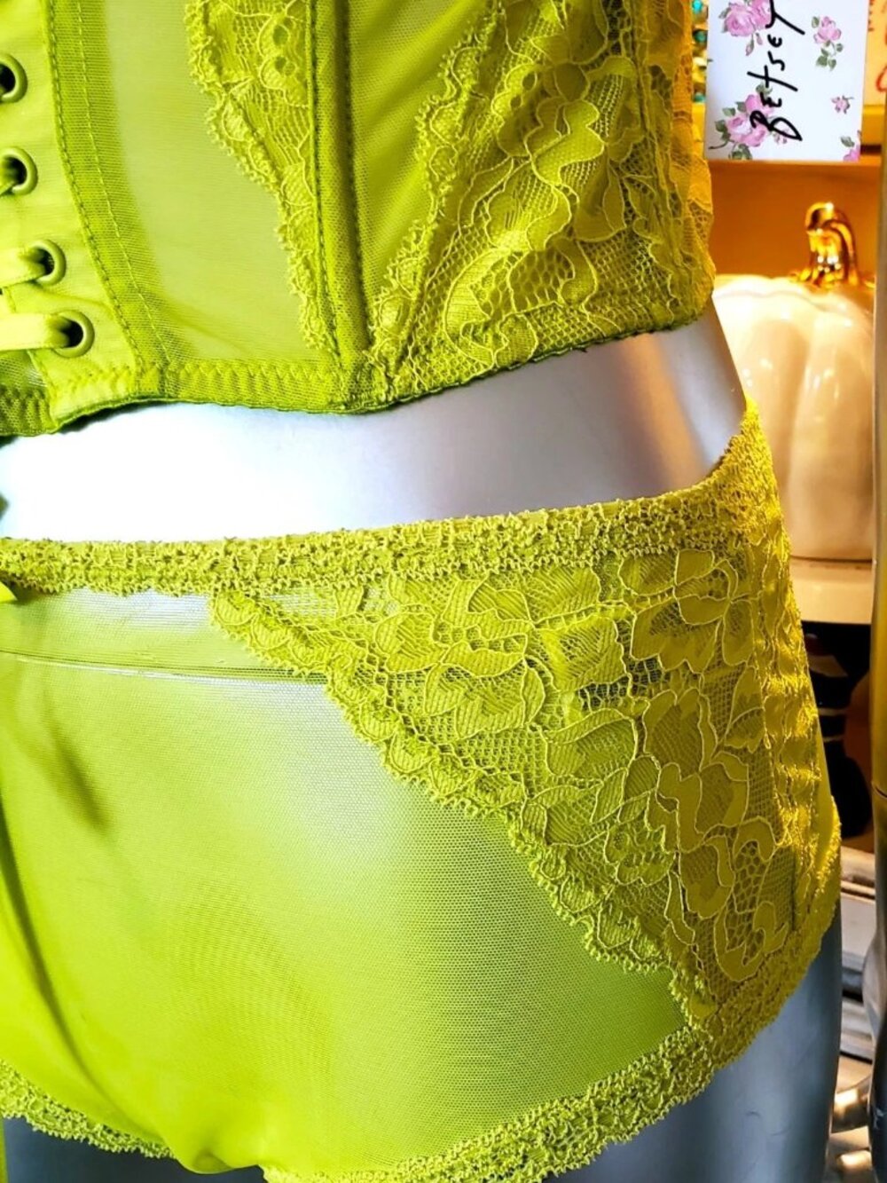 Betsey Johnson Corset Dress Top Panties Lingerie Set Green Lace Mesh Butterfly S - Picture 14 of 16